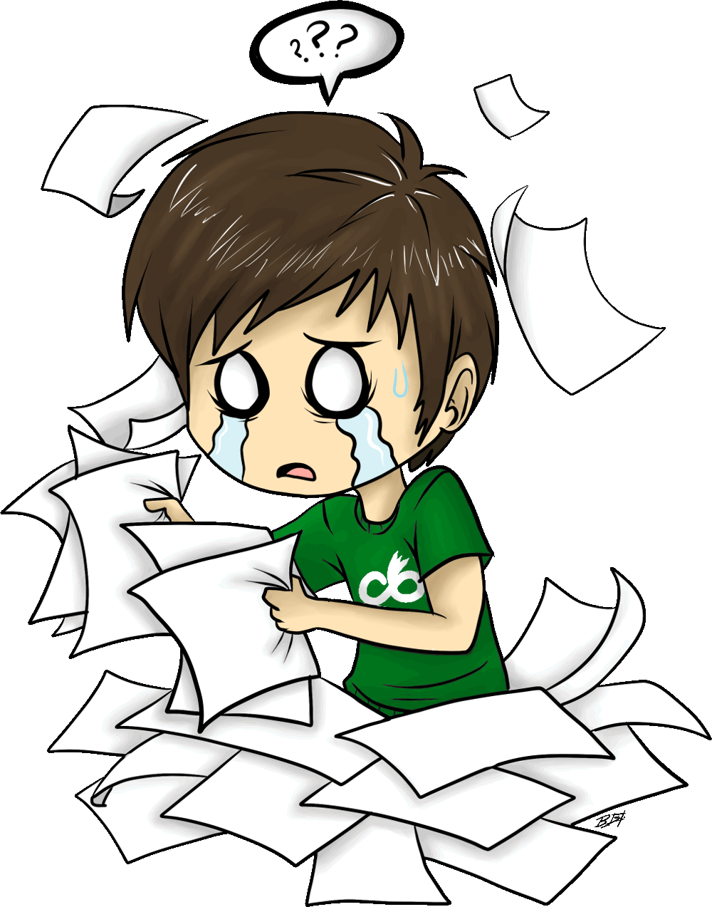 Illustration of a confused person standing in a pile of paper sheets
